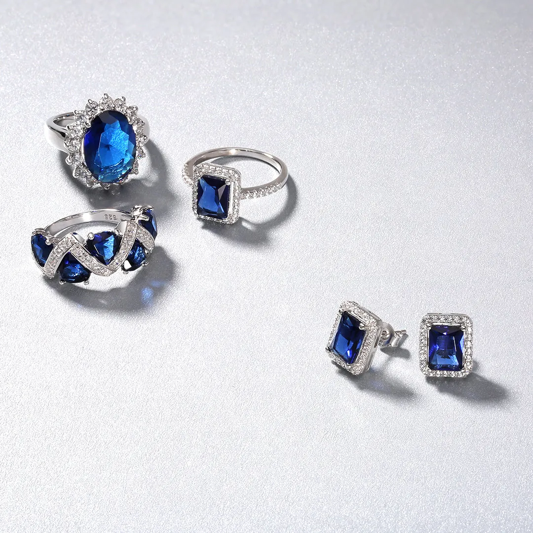 3CT CZ Blue Imitation Sapphire Emerald Cut Engagement Ring .925 Silver